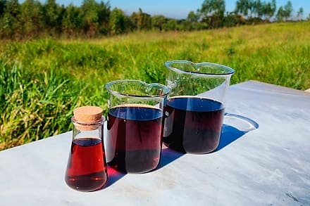 Wood vinegar in laboratory glassware on a bench, with grassland behind